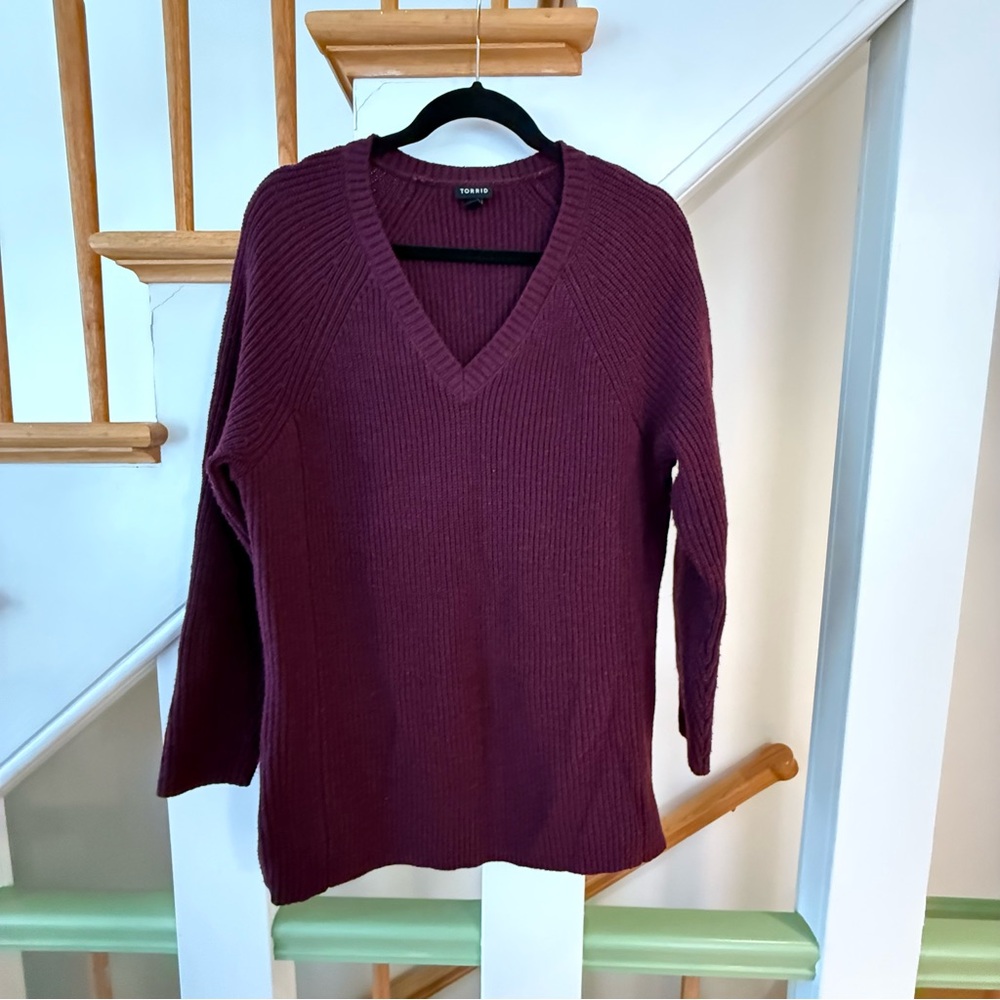 Torrid Burgundy V-Neck Sweater Soft Knit Side Zipper Detail